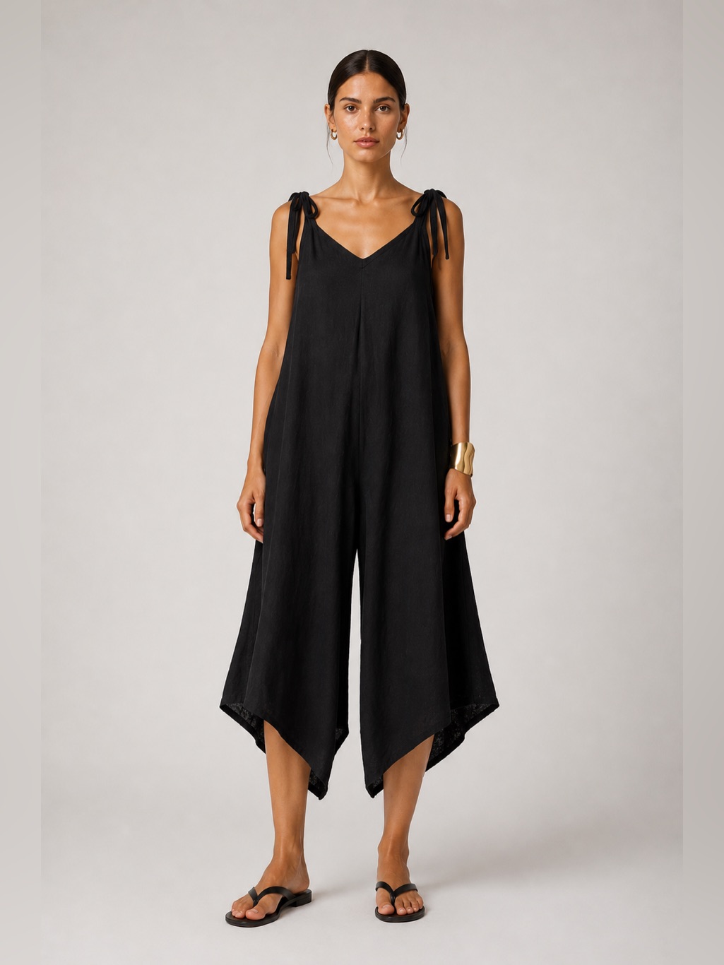 Meo Meli Black Linen Tie Strap V-Neck Wide Leg Asymmetric Hem Jumpsuit. One Size